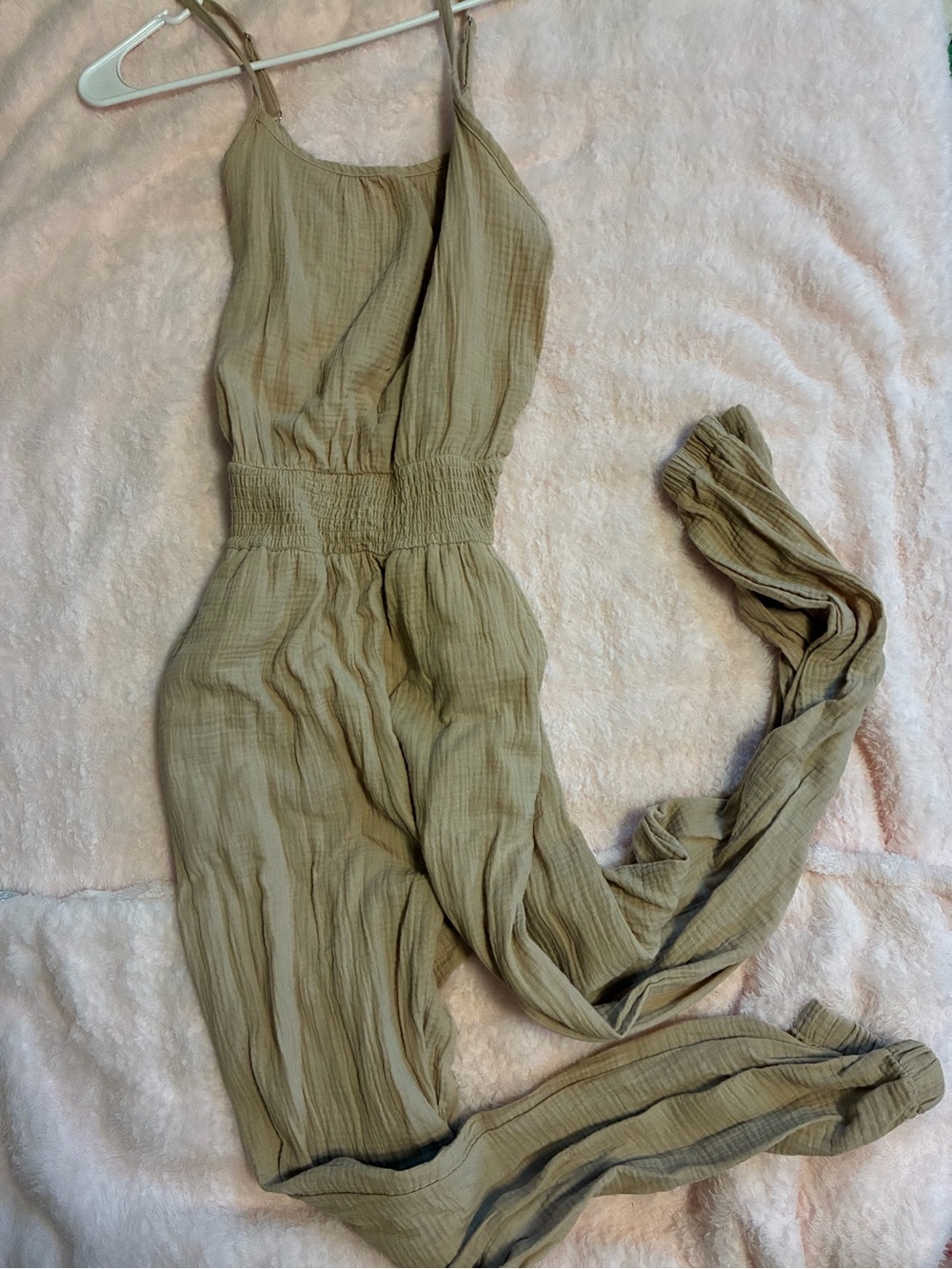Smocked-Waist Olive Spaghetti-Strap Jumpsuit